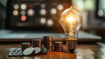 AI generated Light bulb is placed on the table have background is calculator and stack coin on wood table. photo