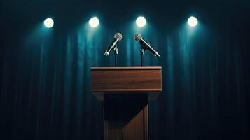 AI generated wooden speech podium with three small microphones attached on a dark background spotlit photo