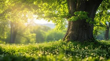 AI generated Big tree with fresh green leaves and green spring meadow photo