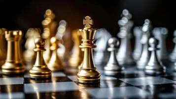 AI generated King golden chess standing confront of the silver chess team to challenge concepts of leadership and business strategy management and leadership photo