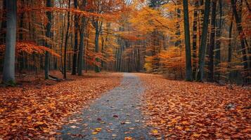 AI generated Autumn forest road in autumn leaves background photo