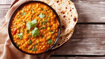 AI generated Indian popular food Dal Tadka Curry served with roti flatbread close-up on the table. horizontal top view from above photo
