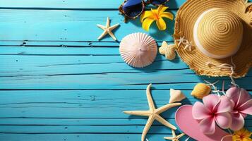 AI generated Beach Accessories On Blue Plank - Summer Holiday Banner photo