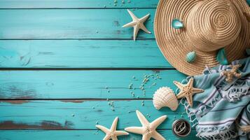 AI generated Beach Accessories On Blue Plank - Summer Holiday Banner photo