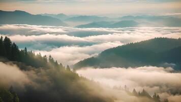 ai generiert ein Berg umhüllt durch Nebel und niedrig Lügen Wolken, Passage Über szenisch, sonnendurchflutet immergrün Berge verhüllt im Nebel, Antenne Schuss, ai generiert video