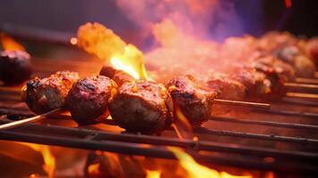 AI generated a close-up view of meat grilling on a barbecue, showing the flames and cooking process, grilled meat skewers on the bbq rack with flames and sparks, AI Generated video