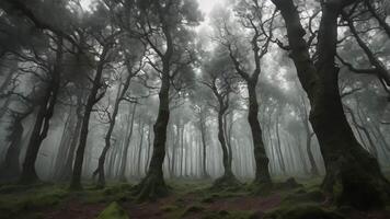 AI generated captivating sight of a dense fog engulfing a vibrant forest filled with countless trees, a mysterious forest its twisted trees reaching up towards a stormy sky, AI Generated video