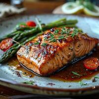 AI generated Grilled salmon steak with asparagus on a plate. AI generated photo