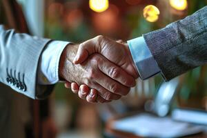 AI generated Close-up of two businessmen shaking hands after completing a deal. AI generated photo