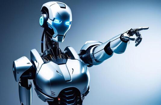 AI generated An anthropomorphic robot hand points with its index finger. AI generated. photo