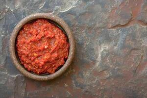 AI generated Harissa sauce, made from hot red pepper, garlic and spices. Top view. AI created. photo