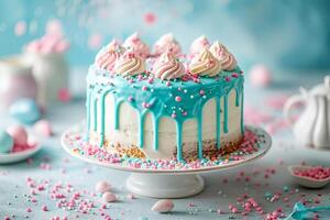 AI generated Beautiful cake with cake sprinkles in blue and pink colors. AI generated photo
