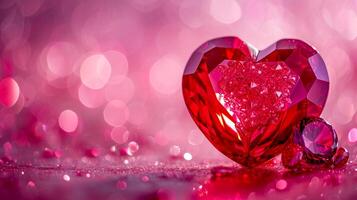 AI generated Beautiful luxury red heart made of ruby gemstone on a pink background. AI generated. photo