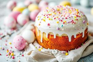 AI generated Easter cake covered with white glaze on a light surface.  AI generated. photo