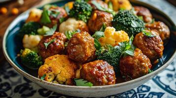 AI generated Meatballs with broccoli and cauliflower in a plate.AI generated. photo