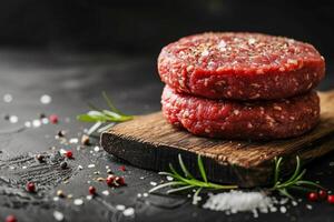 Burger patties made from raw ground beef on a black background. AI generated. photo