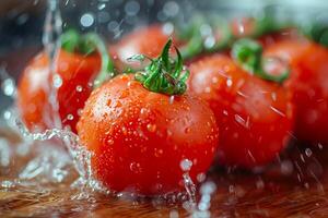 AI generated Ripe tomato fruits in water, splashes. AI generated. photo