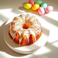 AI generated Easter cake covered with white glaze on a light surface.  AI generated. photo