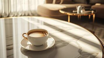 AI generated A cup of coffee in an elegant, luxurious and contemporary setting. AI generated. photo