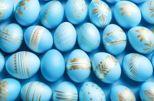 AI generated Easter eggs in light blue and gold tones on a blue background.AI generated. photo