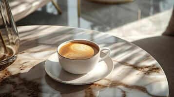 AI generated A cup of coffee in an elegant, luxurious and contemporary setting. AI generated. photo