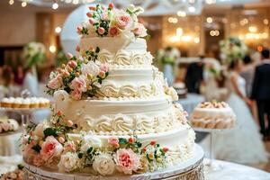 ai generado un grande hermosa Boda pastel cubierto en azotado crema y decorado con delicado flores ai generado. foto