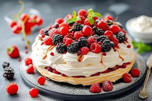 AI Generated Low-calorie dessert Pavlova with fresh berries. photo