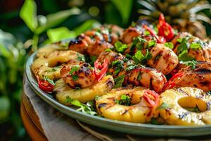 AI generated Grilled chicken and pineapple rings on a platter with chilies and herbs. AI generated. photo