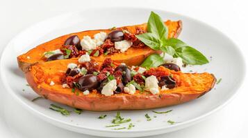 AI generated Oven-baked sweet potato stuffed with feta cheese, olives and sun-dried tomatoes on a white plate. AI generated. photo