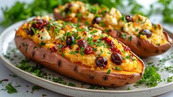 AI generated Oven-baked sweet potato stuffed with feta cheese, olives and sun-dried tomatoes on a white plate. AI generated. photo