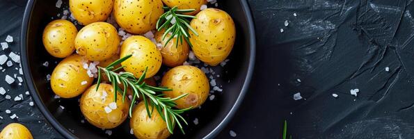 Boiled baby potatoes with rosemary and sea salt on a black plate. AI generated. photo