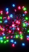 Multicolored neon spheres jump out of metal tubes. Vertical looped animation video