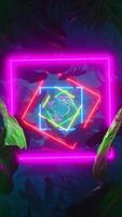 Flying through neon frames in a dark jungle. Vertical looped animation video