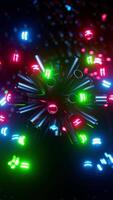 Multicolored neon spheres jump out of metal tubes. Vertical looped animation video