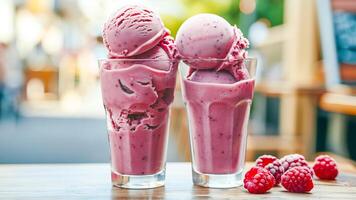 AI generated Two servings of vegan ice cream with raspberries in glasses. AI generated. photo