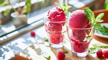 AI generated Two servings of vegan ice cream with raspberries in glasses. AI generated. photo