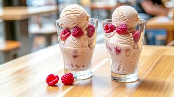 AI generated Two servings of vegan ice cream with raspberries in glasses. AI generated. photo