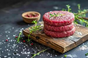 Burger patties made from raw ground beef on a black background. AI generated. photo