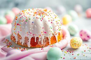 AI generated Easter cake covered with white glaze on a light surface.  AI generated. photo