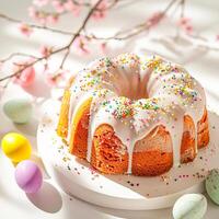 AI generated Easter cake covered with white glaze on a light surface.  AI generated. photo