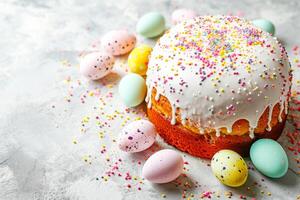 AI generated Easter cake covered with white glaze on a light surface.  AI generated. photo