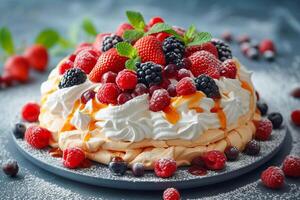 AI Generated Low-calorie dessert Pavlova with fresh berries. photo