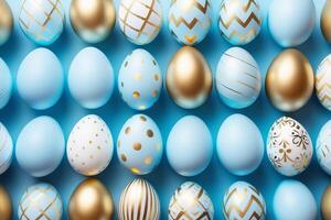 AI generated Easter eggs in light blue and gold tones on a blue background. AI generated. photo