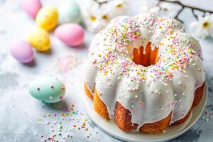 AI generated Easter cake covered with white glaze on a light surface.  AI generated. photo