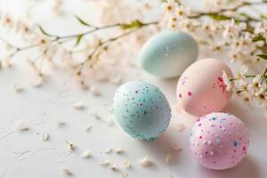 ai generado Pascua de Resurrección huevos en pastel colores en un ligero antecedentes. ai generado foto