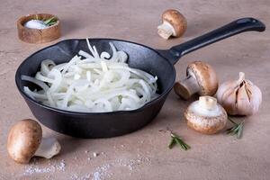 A frying pan with chopped onions stands on a dark surface. photo