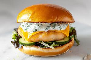 AI generated Fishburger in a brioche bun with cheese, fresh cucumber, tartar sauce. AI generated. photo