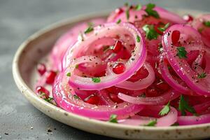 AI generated Red onion rings marinated in pomegranate juice lie on a plate. AI generated. photo