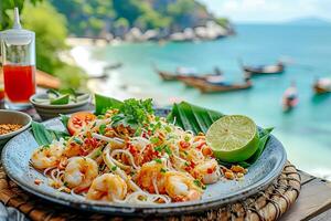 ai generado tailandés Mariscos ensalada en un plato con Lima y especias ai generado. foto