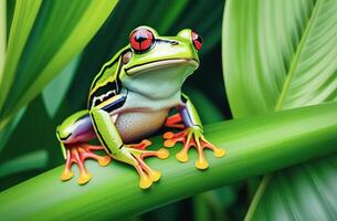 AI generated A tropical green frog sits on a branch of a tropical plant. AI Generated. photo